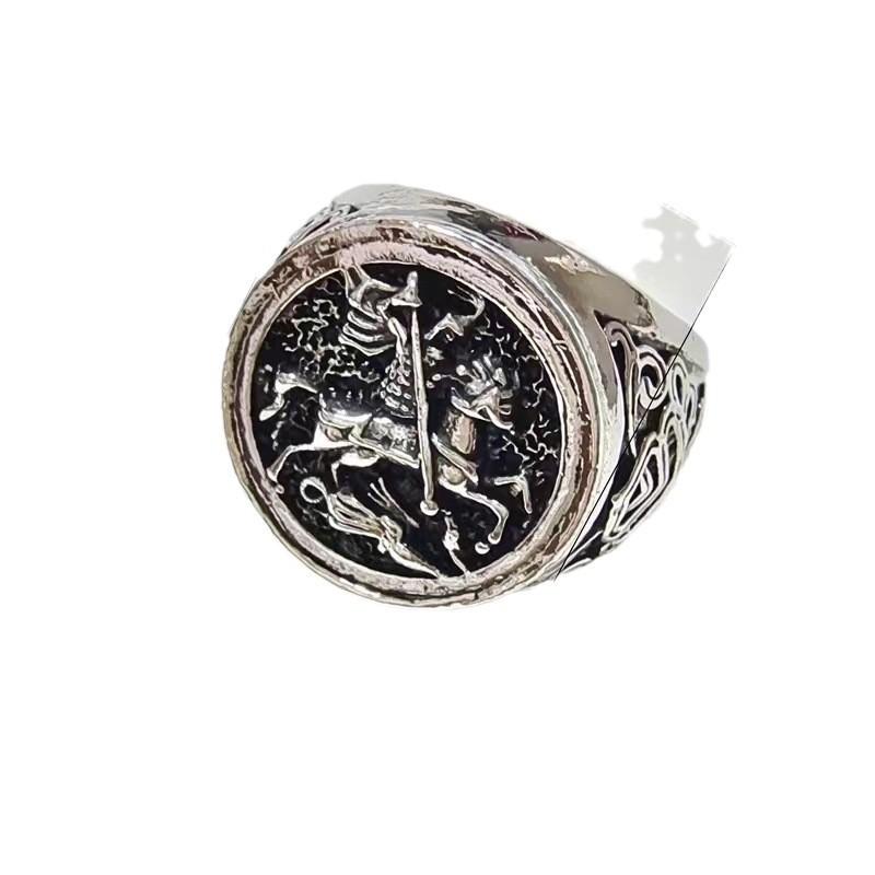 New Unique Sovereign Men's Ring St. George Portrait Two Color Roman Soldier Dragon Ring