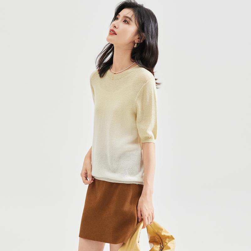 Autumn women's round neck short sleeved solid color gradient commuting versatile knitted wool sweater pullover top