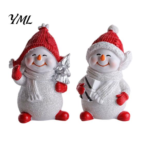 Cute Snowman Statue Gifts 2Pcs Christmas Figurine, Tabletop Decor, Resin Snow with Tree Ornaments Knit Hat Scarf for Home Mantel Window Holiday
