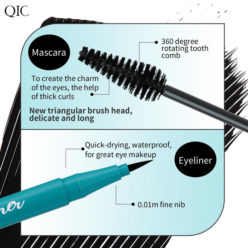 Kit mascara eyeliner QIC scatola verde, mascara waterproof e anti-macchia, base per ciglia lunghe