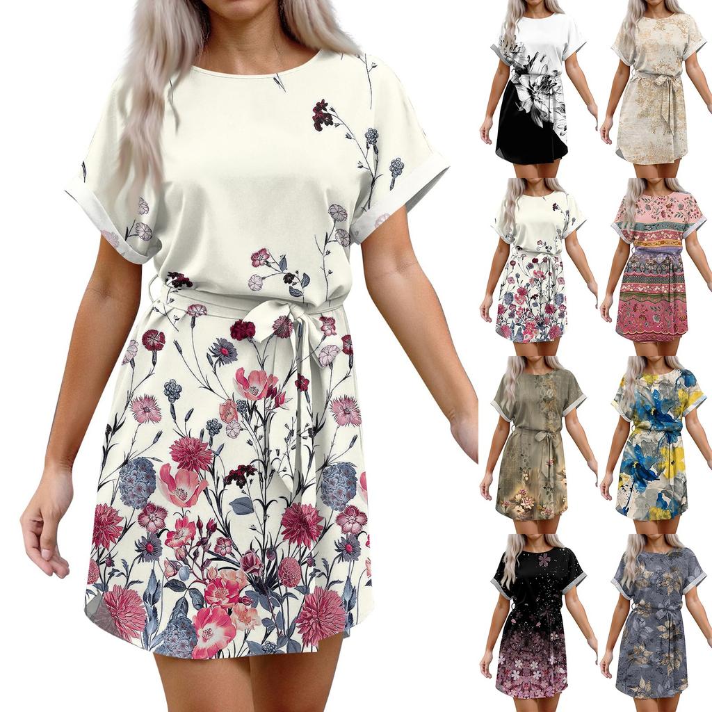 Womens Summer Short Dresses O Neck Casual Batwing-Short Sleeve Belted Dress For Women