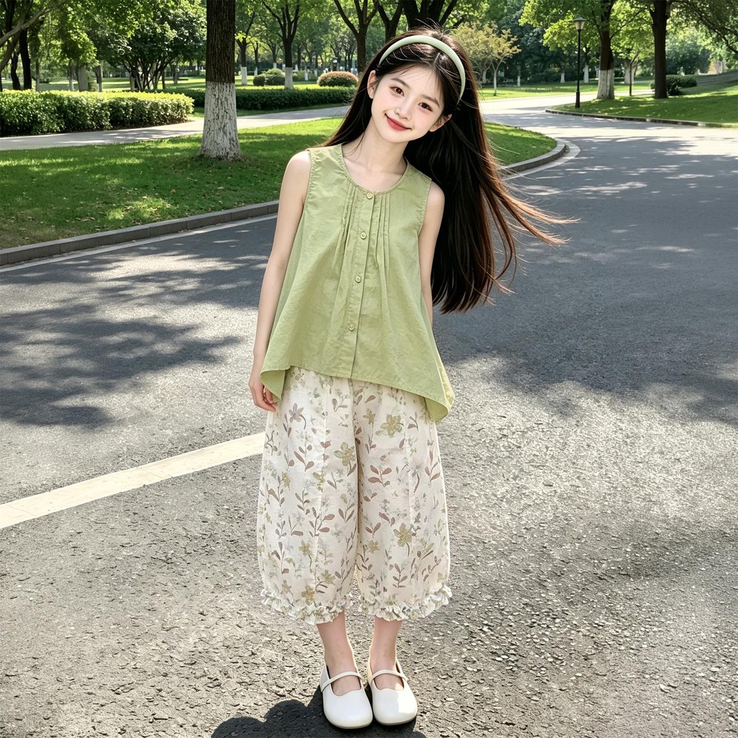 Girls Summer Floral Two-Piece Set: Sleeveless Green Top with Seven-Point Pants in New Korean Style (2026 Collection) 160 cm