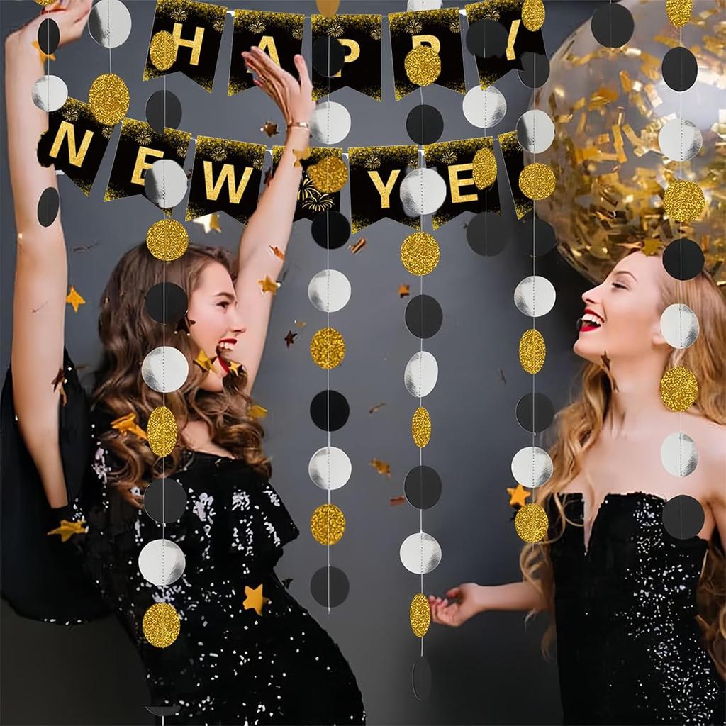 2026 Happy New Year Banner, Black and Gold Party Decorations New Year's Day Gala Party Decorations and Hanging Ornaments