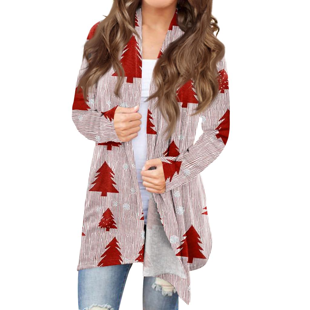 Women's Fashionable Loose-Fit Casual Cardigan With Christmas Print Mid-Length Coat
