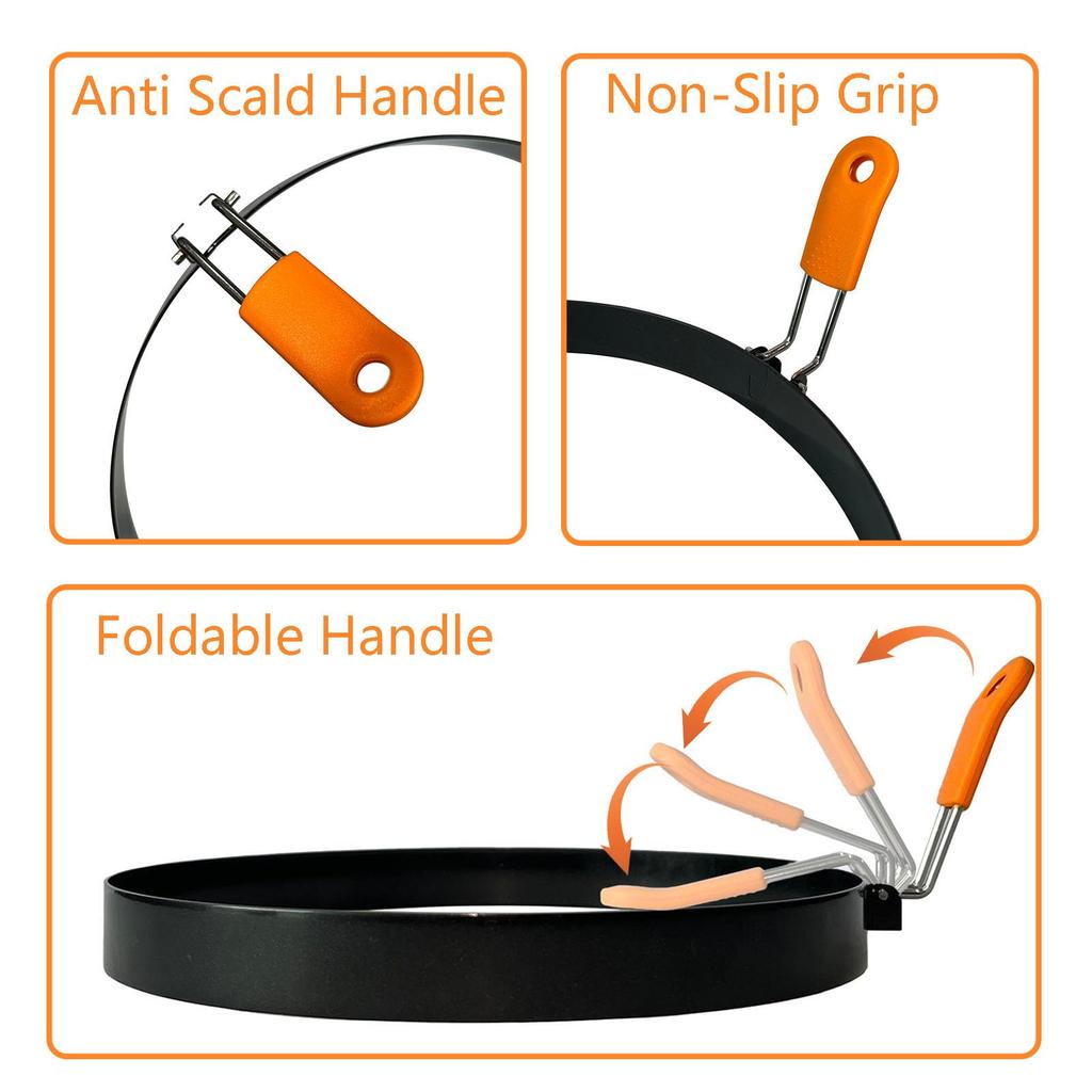8-Inch Round Egg and Pancake Ring Mold 2-Piece Set with Silicone Heat-Resistant Folding Handles + Silicone Oil Brush Orange and Black