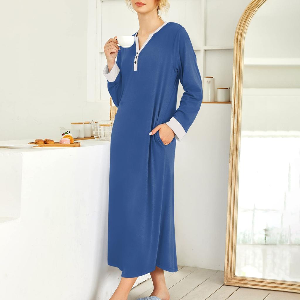 Damska koszula nocna, długi szlafrok, sukienka piżamowa z dekoltem w serek i kieszeniami