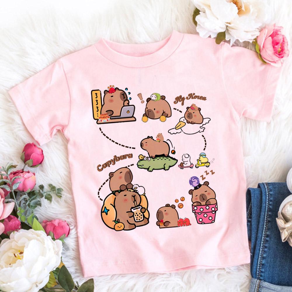 Women Men Capybara Tees Short Sleeved Clothes Boys Girls Round Neck Tops Couple Cute Cartoon Capybara