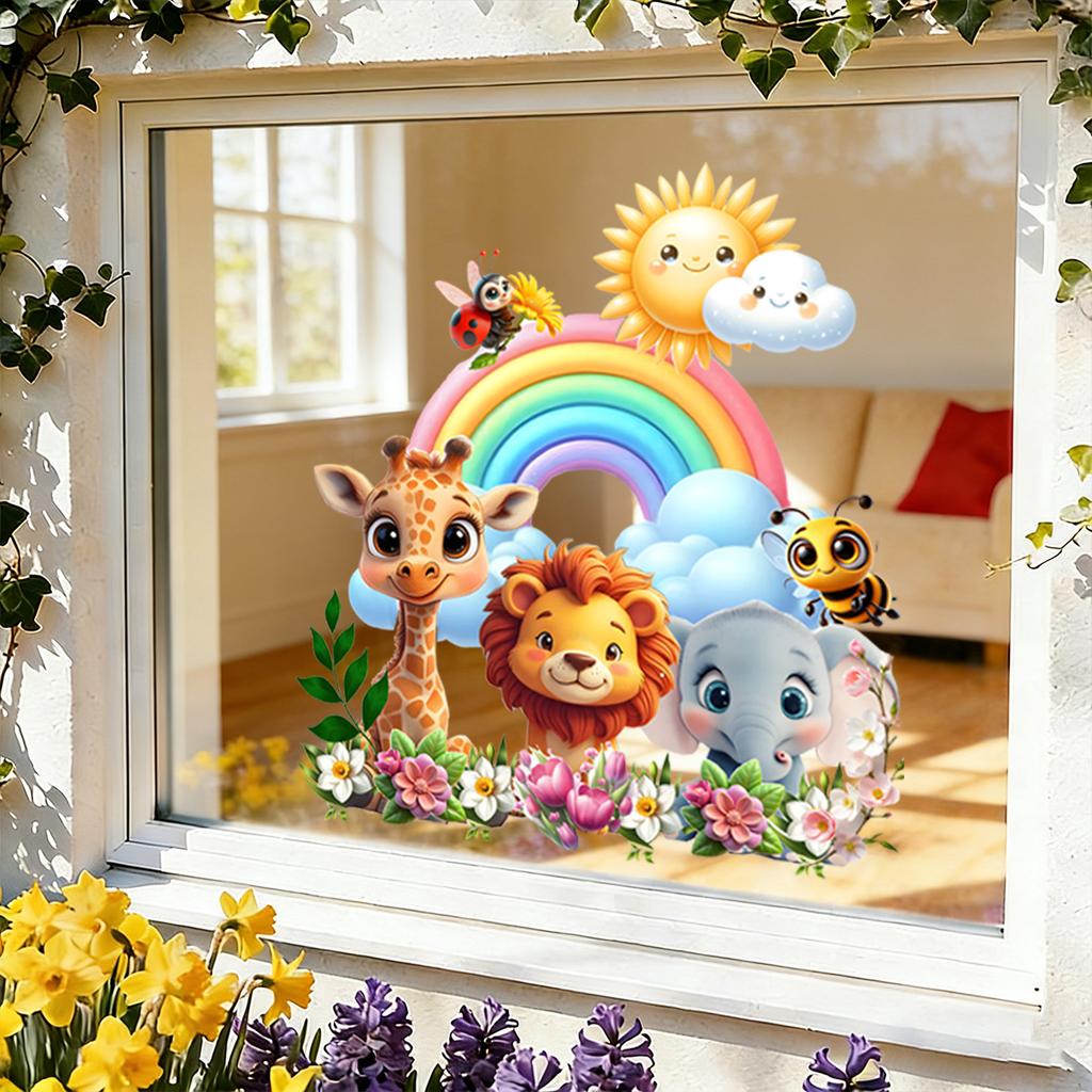 Cartoon Animal Park Static Electricity Glass Stickers for Children's Room, Bedroom and Living Room Wall Decoration Stickers