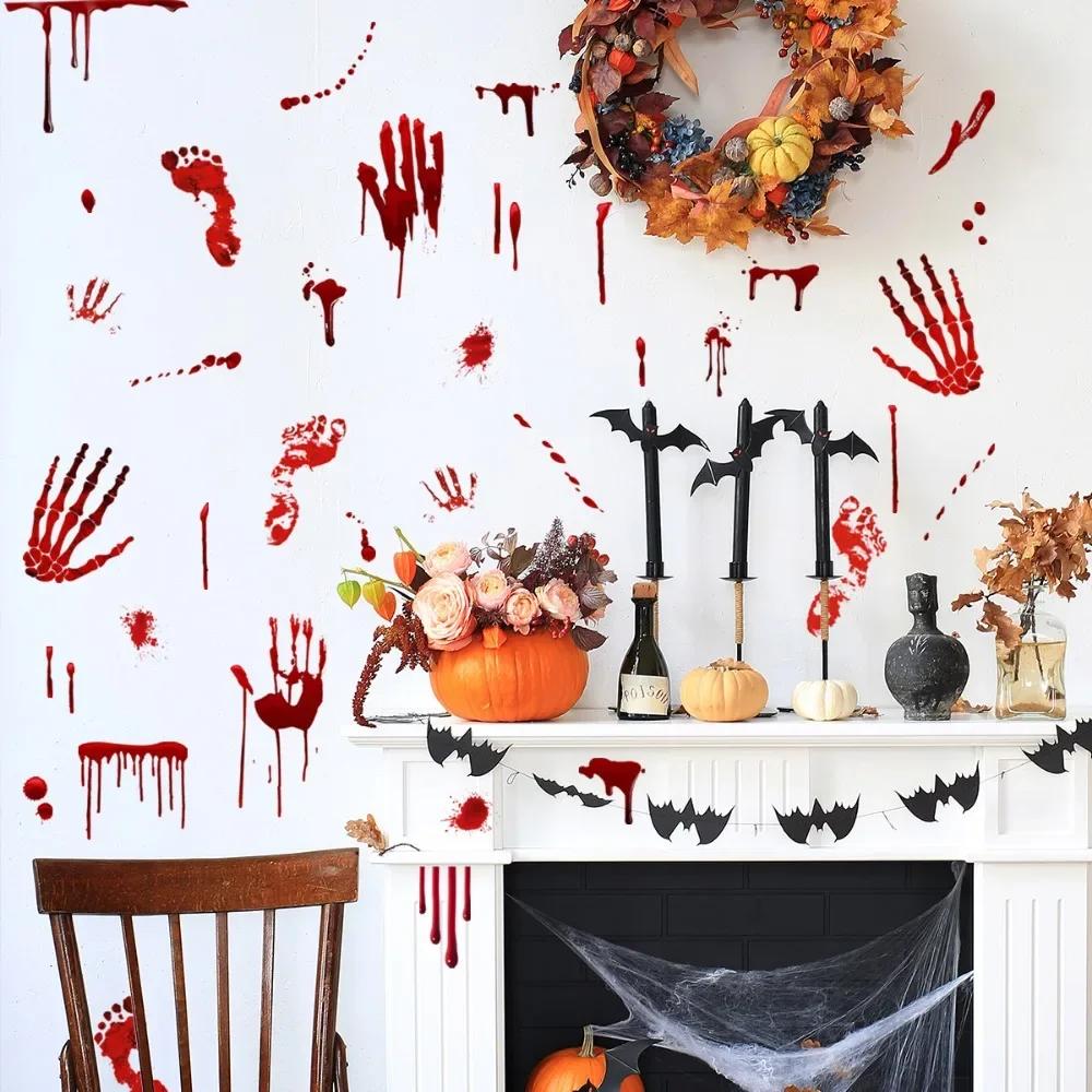Halloween Window Stickers Terror Bloody Handprint Footprint Indoor Outdoor Spooky Halloween Party Wall Decal Floor Stickers