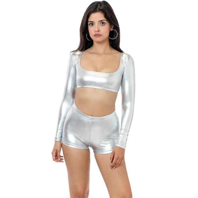 OVIGILY Women Gold Mid Waist Dance Shorts Adults Shiny Metallic Shorts Stretchy Bottoms for Team Performance