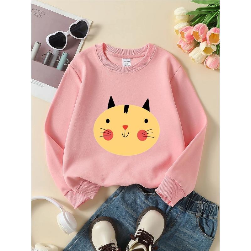 European Sizes Kids' Crewneck Sweatshirt | Cute Cat Face Pattern, , Sportswear and Casual Wear, Soft and Comfortable, Clothing, Teenagers