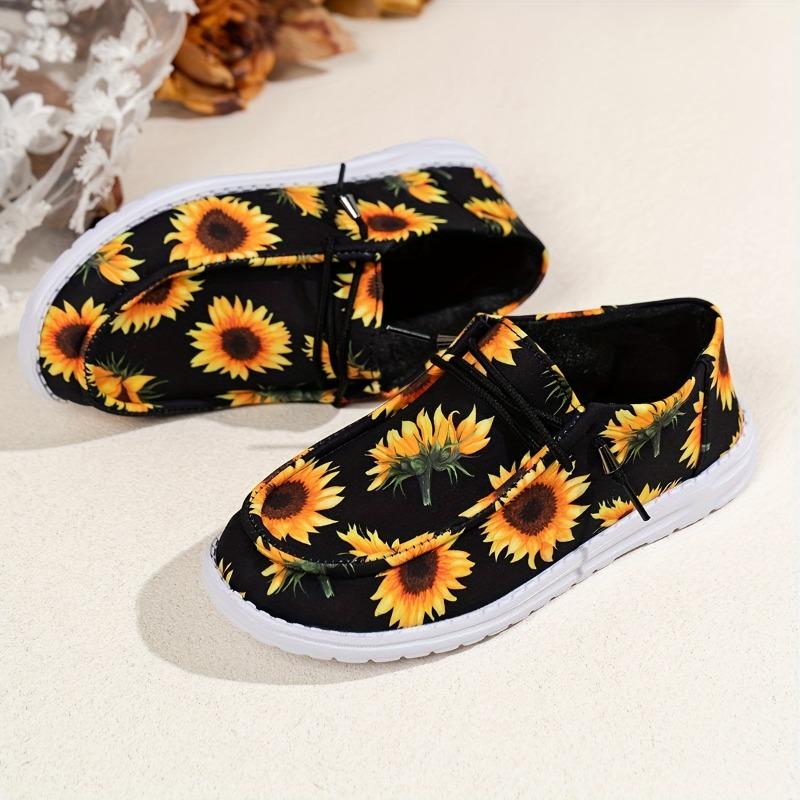 Ladies Casual Round Toe Slip-On Shoes Black, Breathable, Anti-Slip, Sunflower Pattern, Easy to Wear, Flat Heel, Fabric Upper, EVA Sole, Fabric Insole