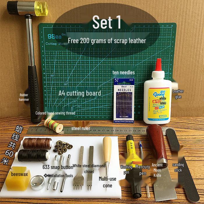 Handmade Leathercraft Sewing Set: Cutting Knife, Diamond Awl, Edge Beveler, Waxed Thread, and Coat.