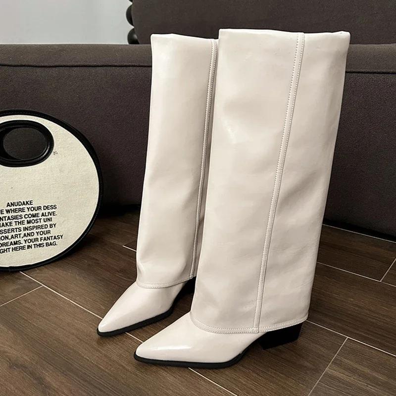 Chunk Leather High Boots Women Knee High Pointed Toe Heels Shoes Woman Trend Chelsea Boots New Pumps Snow Gladiator Botas Mujer