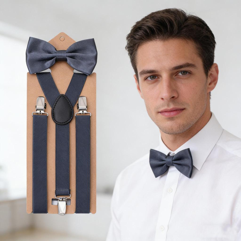 Unisex Bow Tie & Suspenders Set, 3 Clips Adjustable Elastic Braces for Casual & Formal Occasions