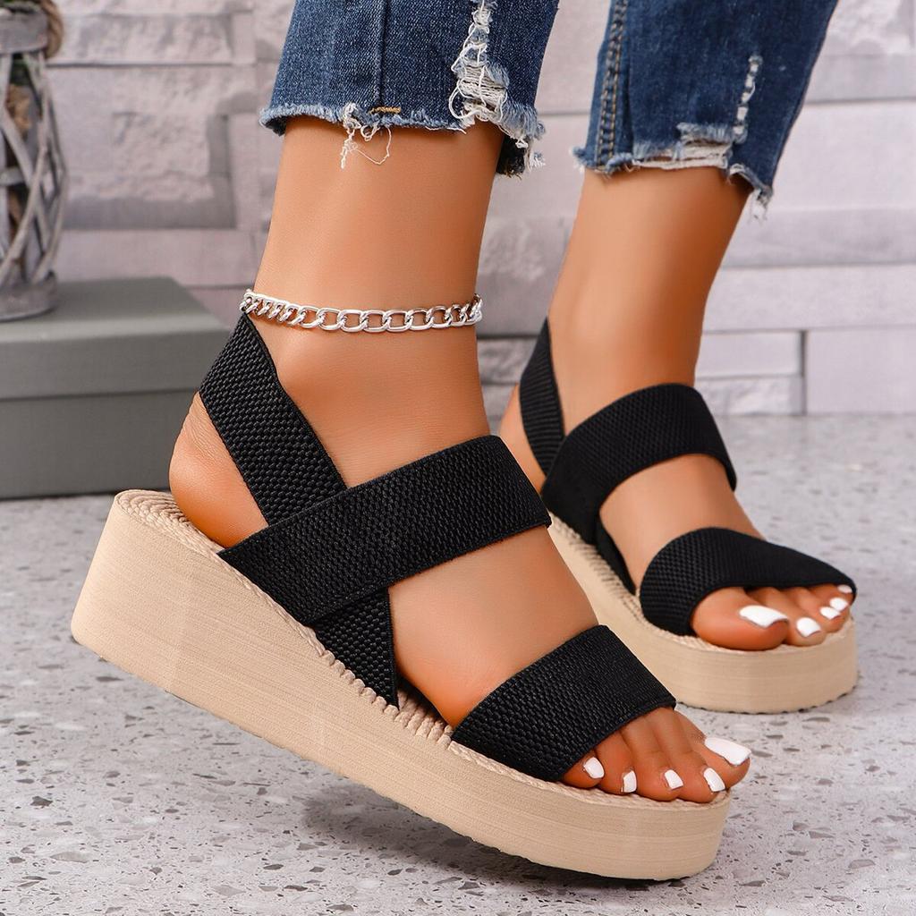 Damen Sommer gewebtes elastisches Band Keilsandalen mit dicker Sohle Freizeitschuhe
