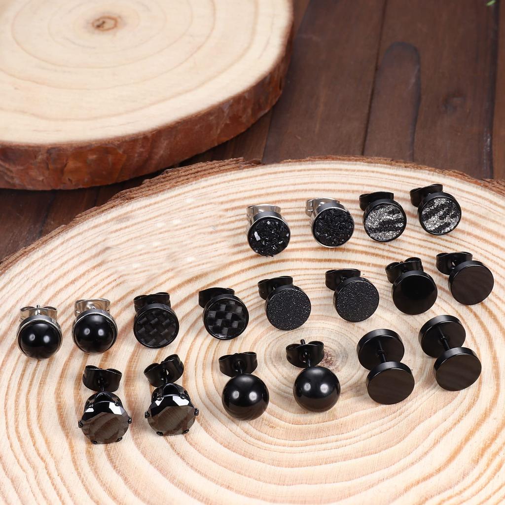 1 Pairs Black Earrings for Men Women Stainless Steel Black Stud Earrings Round CZ Stud Earrings Set 8MM