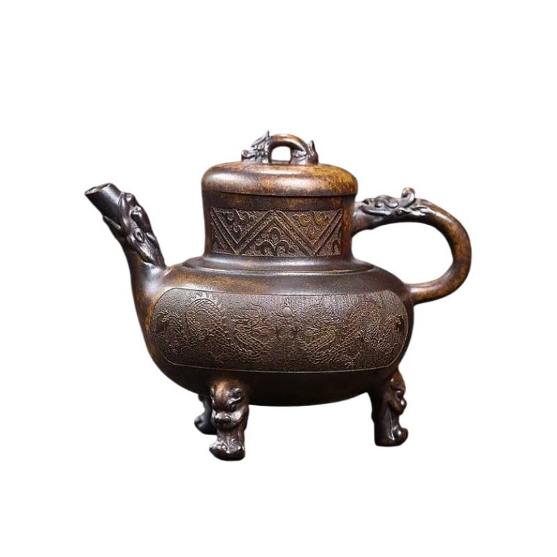 

Yixing purple clay teapot, original ore dragon kiln wood burning, dragon bone golden sand three legged stove, tripod teapot 1pcs