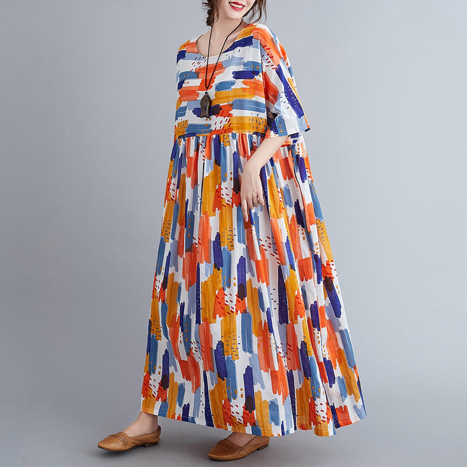 

Женское свободное платье с винтажным цветочным принтом и карманами с половиной рукавом, негабаритные праздничные повседневные халаты в стиле бохо