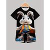 Black Theme, Rabbit 3D Printing Pattern with Basketball In Hand, Fashion Trend Casual and Simple Short Sleeve Set