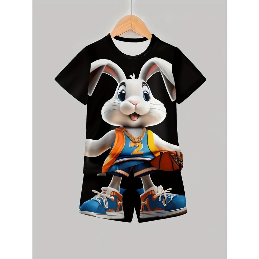 Black Theme, Rabbit 3D Printing Pattern with Basketball In Hand, Fashion Trend Casual and Simple Short Sleeve Set