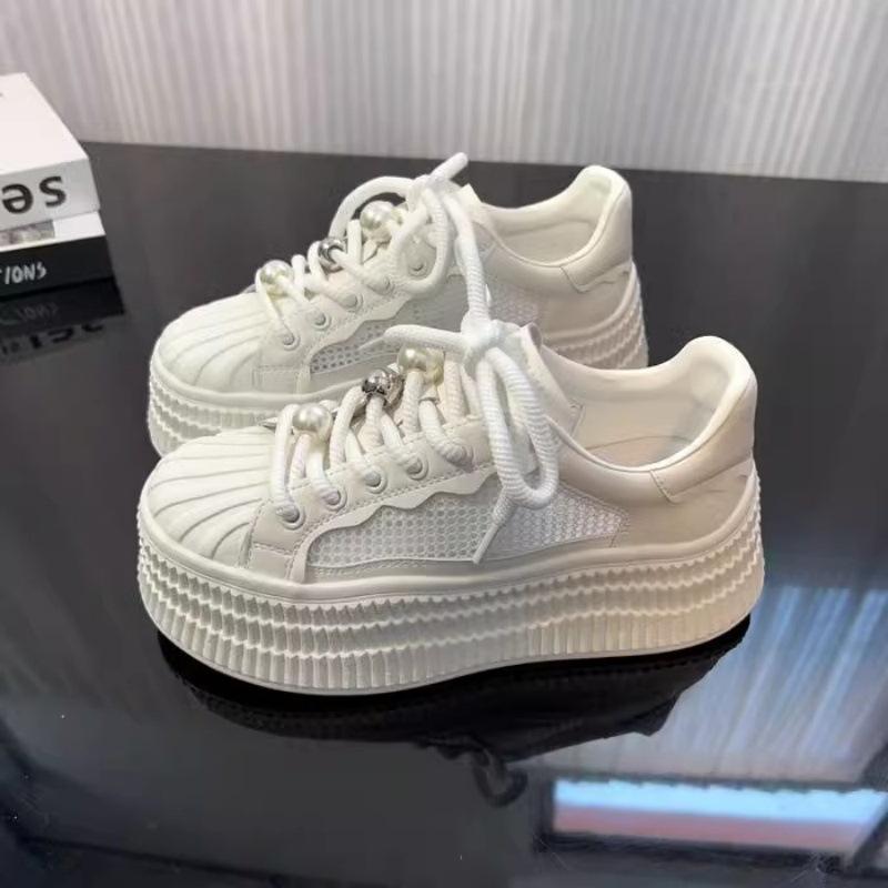 Little White Shoes Women's Summer Single Net 2025 New Soft Leather Shell Head Thick-soled Breathable Mesh Yarn Showing Feet Small Casual Board Shoes