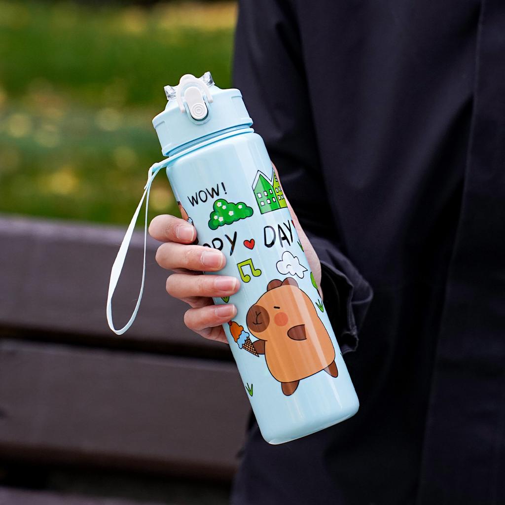 750ML Cute Capybara Cartoon Straw Water Bottle Leakproof Portable with Woven Carry Rope for Camping Picnics Kids Water Cup