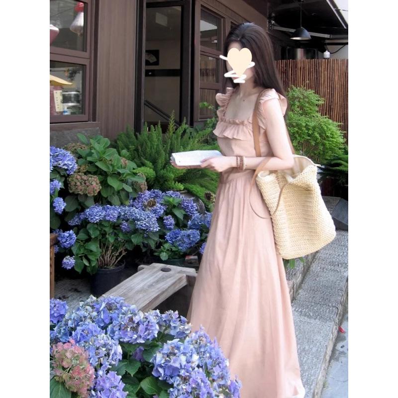 Sweet pink flying sleeve dress children's summer new square neck waist gentle long dress