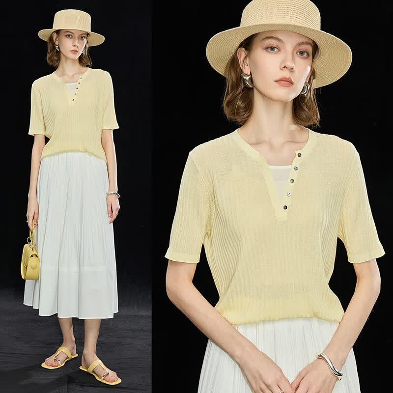 Wudao French Style Tencel Linen Blend V-Neck Faux Two-Piece Knit Top M