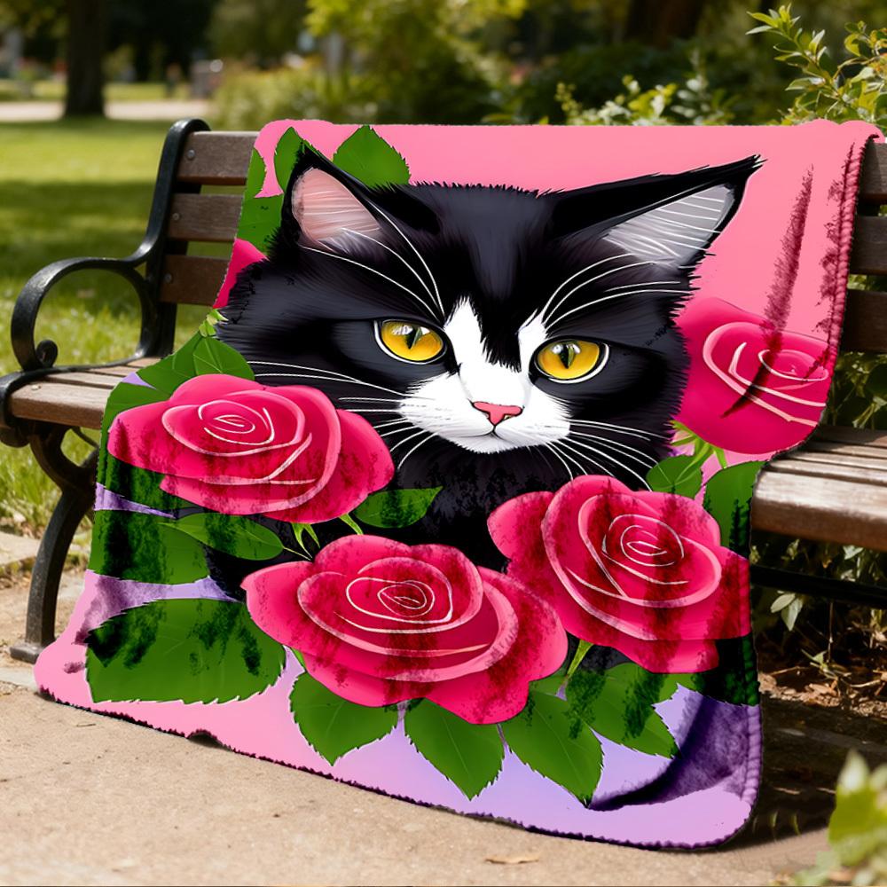 1pc Cat Roses Outdoor Flannel Blanket Soft All Season Polyester Throw , Perfect for Picnics & Travel , Picnic Accessory