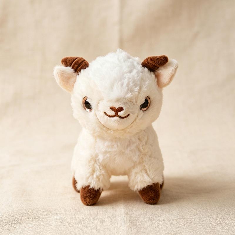 Cute White Baby Goat Plush Doll Soft Fluffy Sheep Stuffed Animal Toy With Brown Horns Kawaii Small Farm Animal Figure