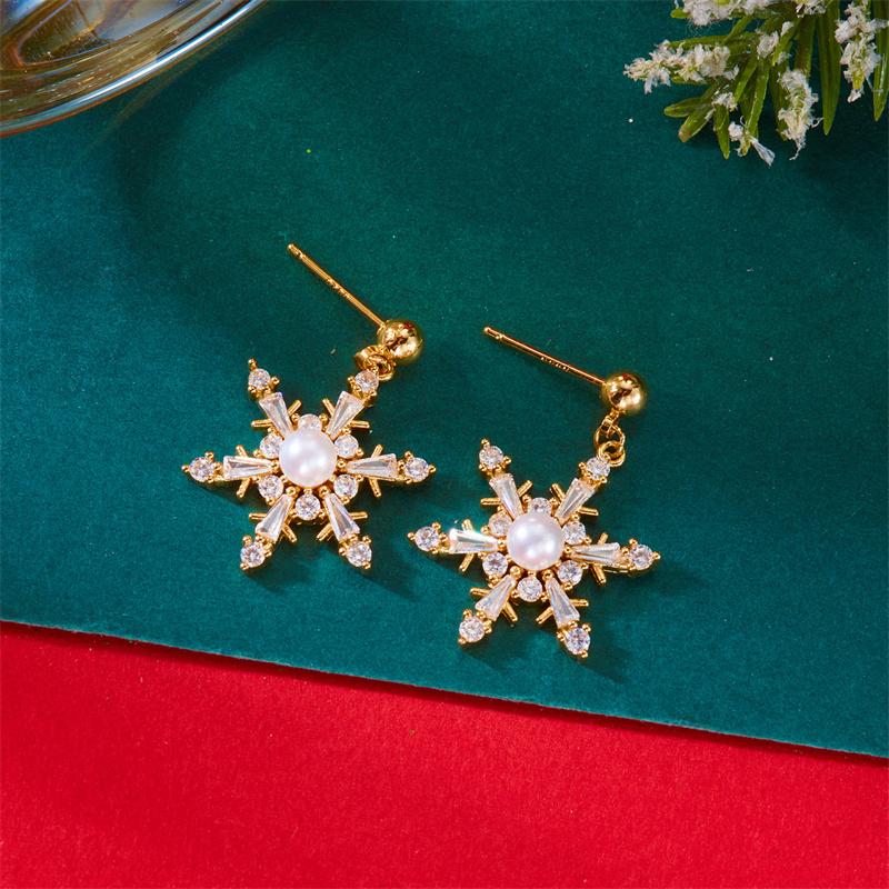 Christmas Rhinestone Snowflake Drop Earrings for Women Fashion Imitation Pearl Stud Earring Girls New Year Party Jewelry Gifts