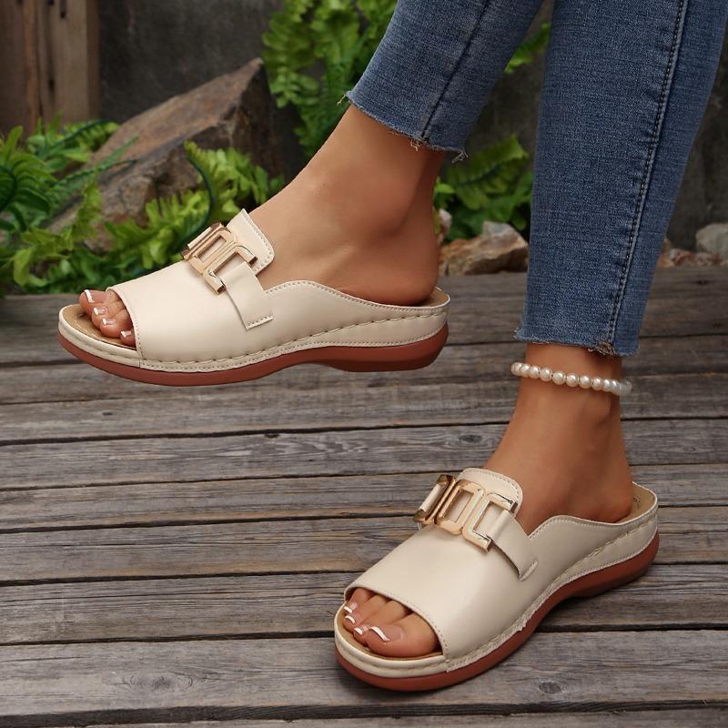 Women's Plus Size Platform Slide Sandals, Metallic Buckle Chunky Heel Summer Shoes