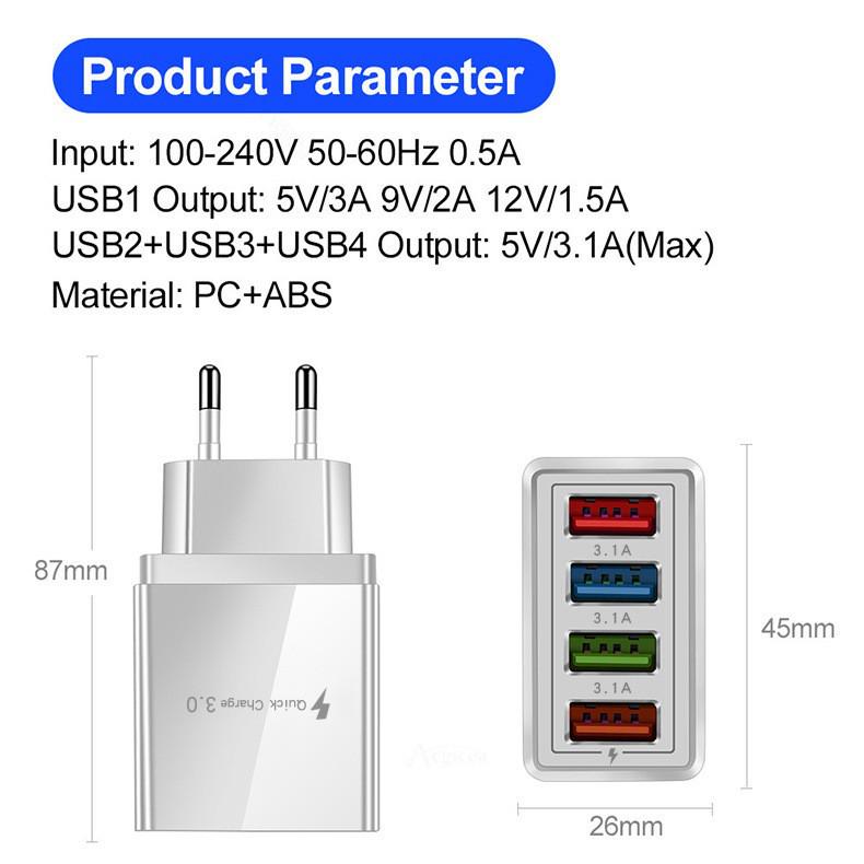 4-Port USB 3A Mobile Charger with LED Indicator - Multi-Standard Compatibility for Europe, America, and UK, Ideal for Phones and Tablets