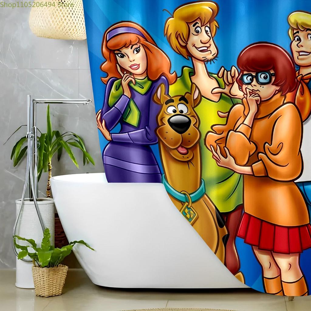 1pc WB Scoob Shower Curtain with Hooks - Machine Washable Polyester, Cute Cartoon Character Design, Vibrant Blue Background,
