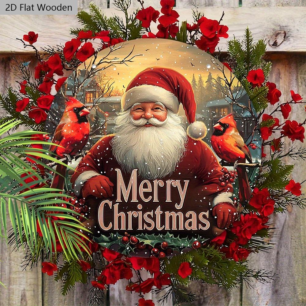 Cardinal Wooden Sign with Santa Claus Pattern - Merry Christmas Round Sign for Front Door Wall Hanging Decor - Ideal Christmas Decoration