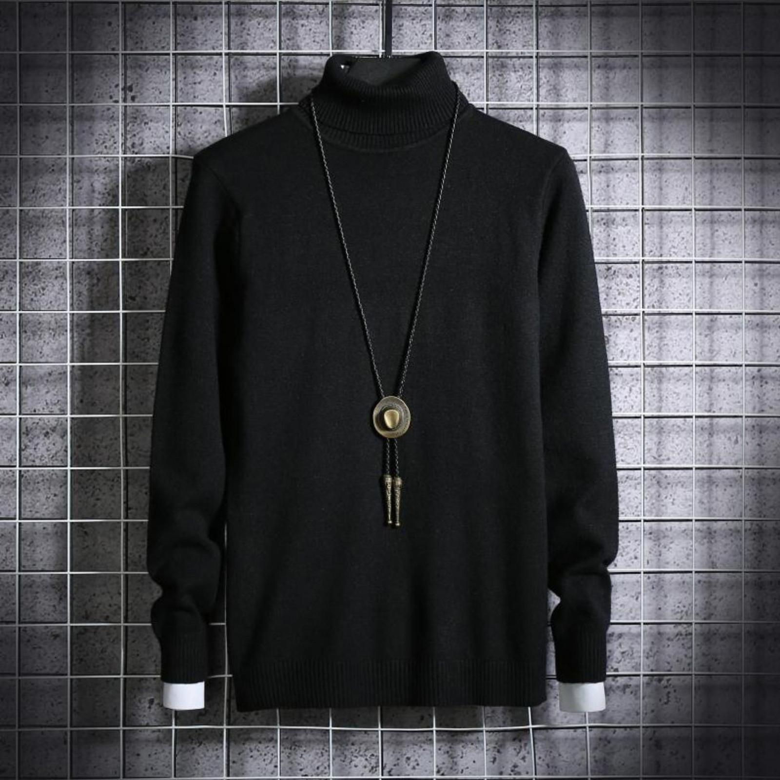 

Мужской облегающий свитер с высоким воротником Зимний повседневный вязаный свитер однотонной расцветки M чёрный