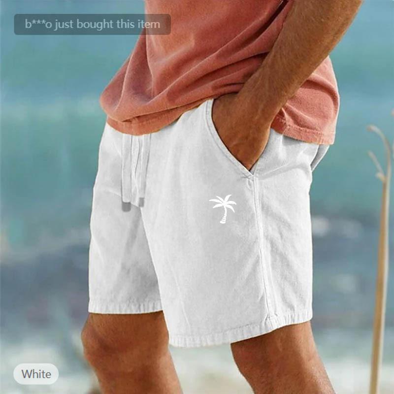 Cross-border New Coconut Printed Linen Shorts Drawstring Elastic Waist Solid Color Breathable Beach Five-point Casual Pants