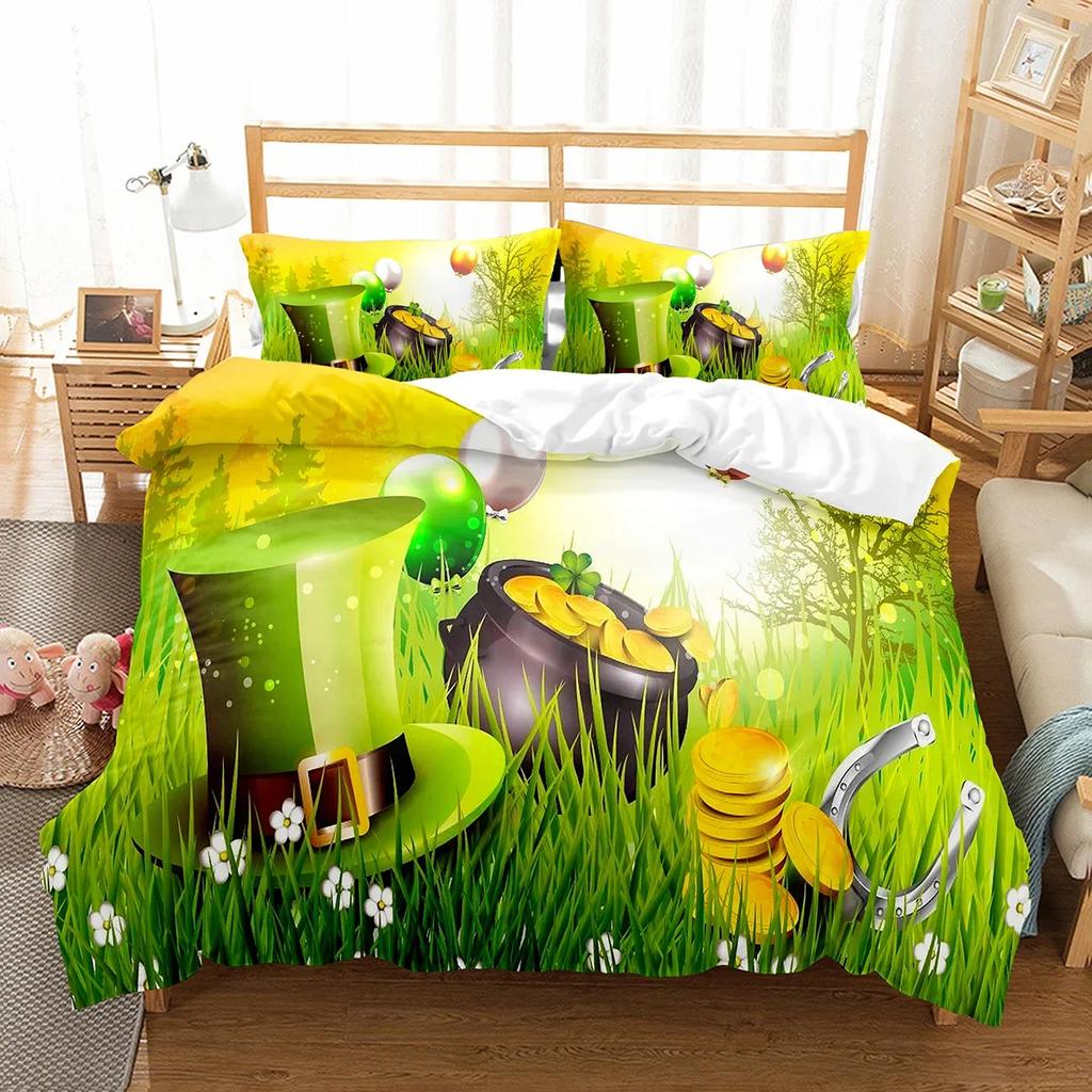 Happy St Patrick's Day Duvet Cover Set Plant Clover Bedding Set Green Lucky Leaf Quilt Cover Botanical Leaves Bedspread Cover