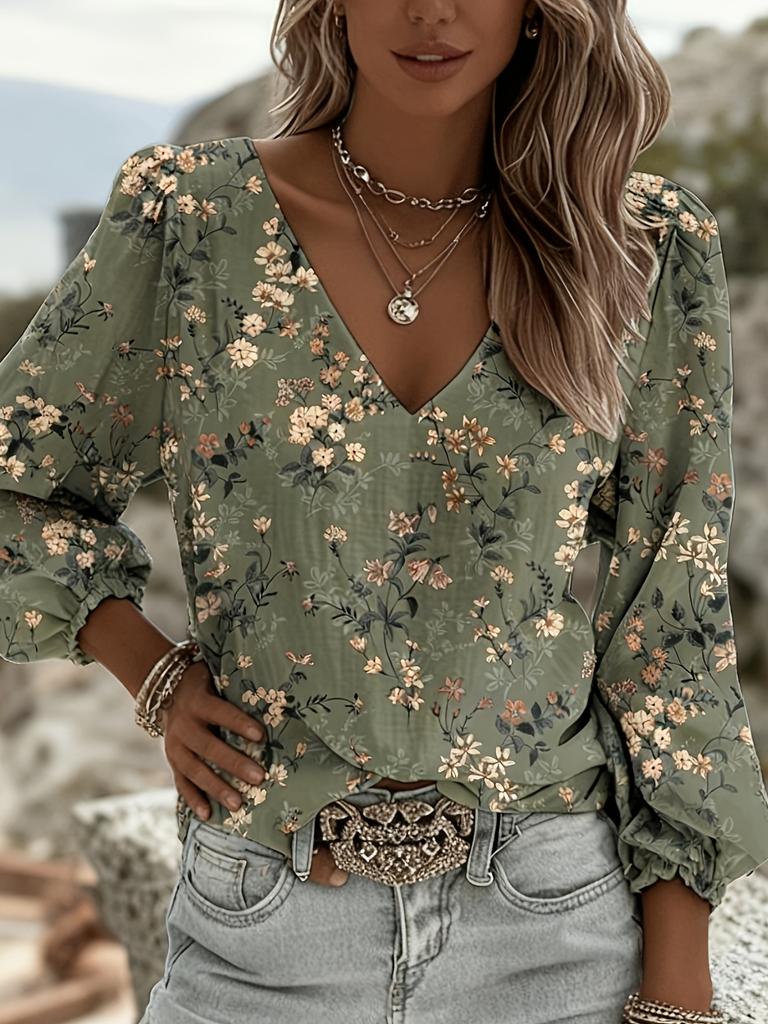Retro Ethnic V-neck Women's Long-sleeved Top with Lantern Sleeves Featuring Totem Print In Bohemian Style, Suitable for All Season
