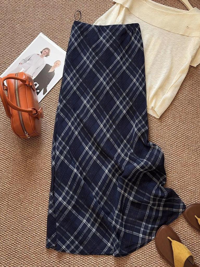 Women's Retro Blue Plaid Fishtail Skirt - Artistic Slimming Summer Style