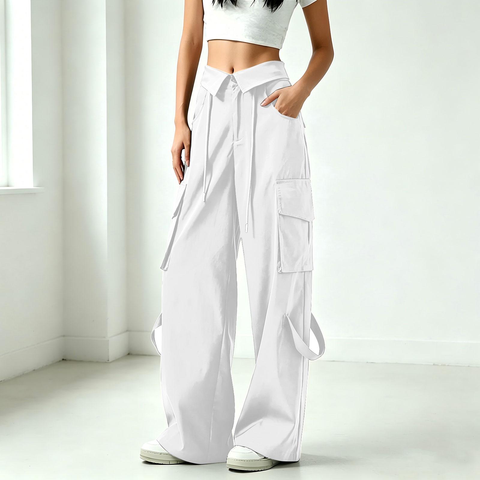 

Women’s Fashion Loose Fit Wide Leg Pants with Drawstring Waist and Multiple Pockets for Casual and Athletic Wear XL білий