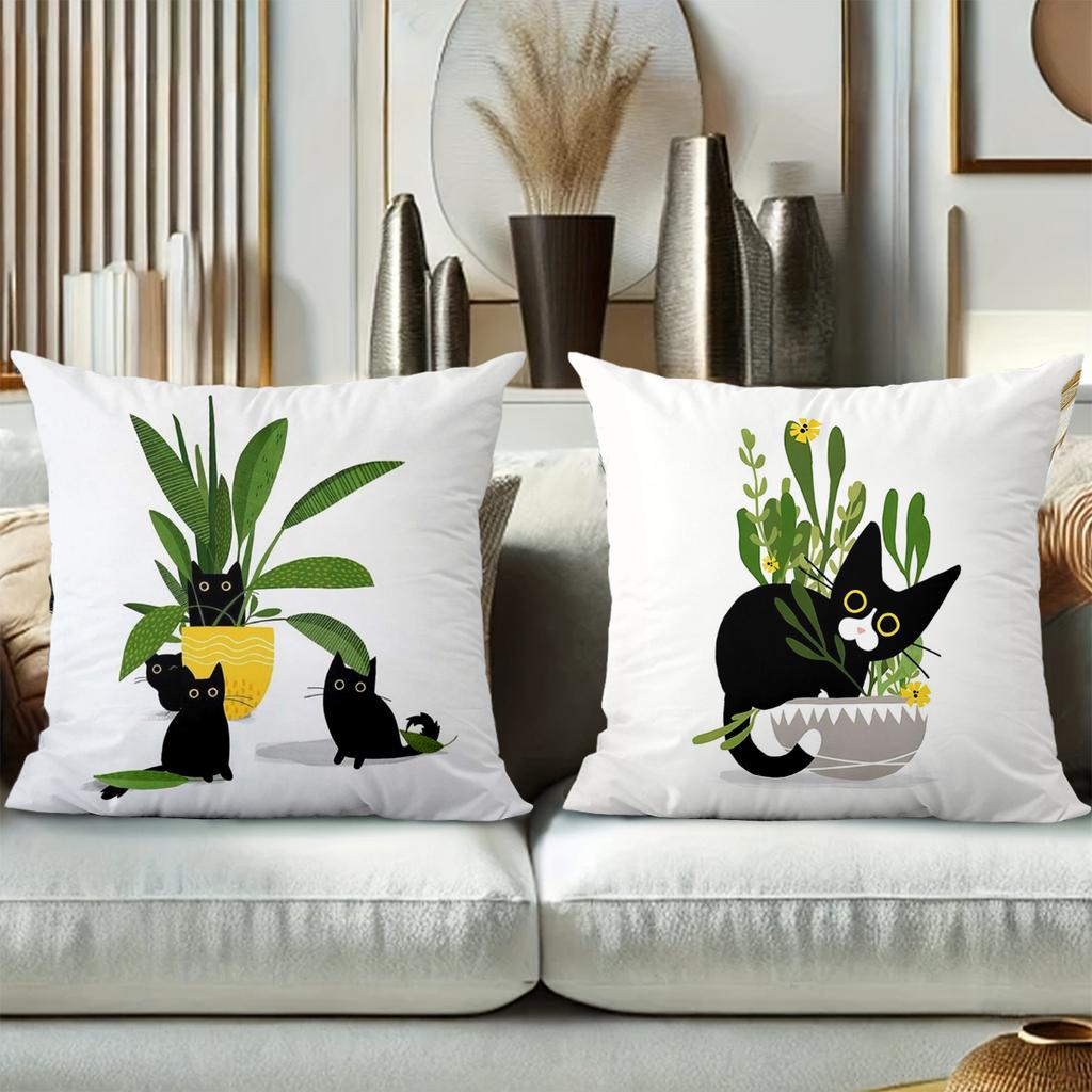 Black Cats Playing Among Potted Plants Decorative Cushions Polyester pillowcase, sofa decorative cushion cov Headboard Pillow