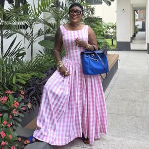 European and American women s pink plaid long square-neck dress, African fashionable elegant high-waisted slimming long dress S