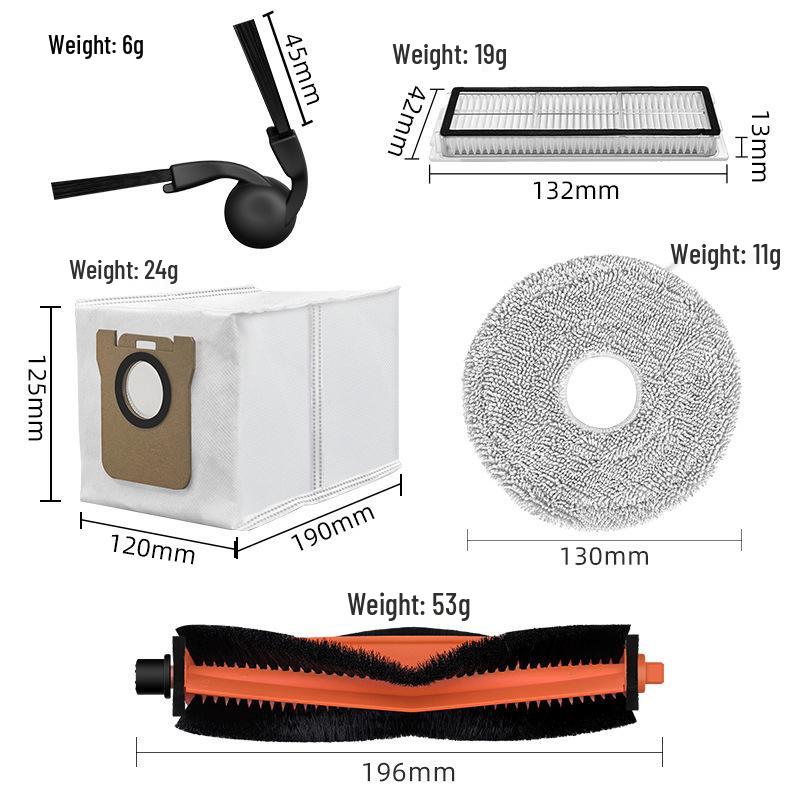 Compatible Accessories for Xiaomi Mijia 5C/OV42CN: Main Brush, Side Brush, Mop Cloth, Filter Screen, Dust Bag.