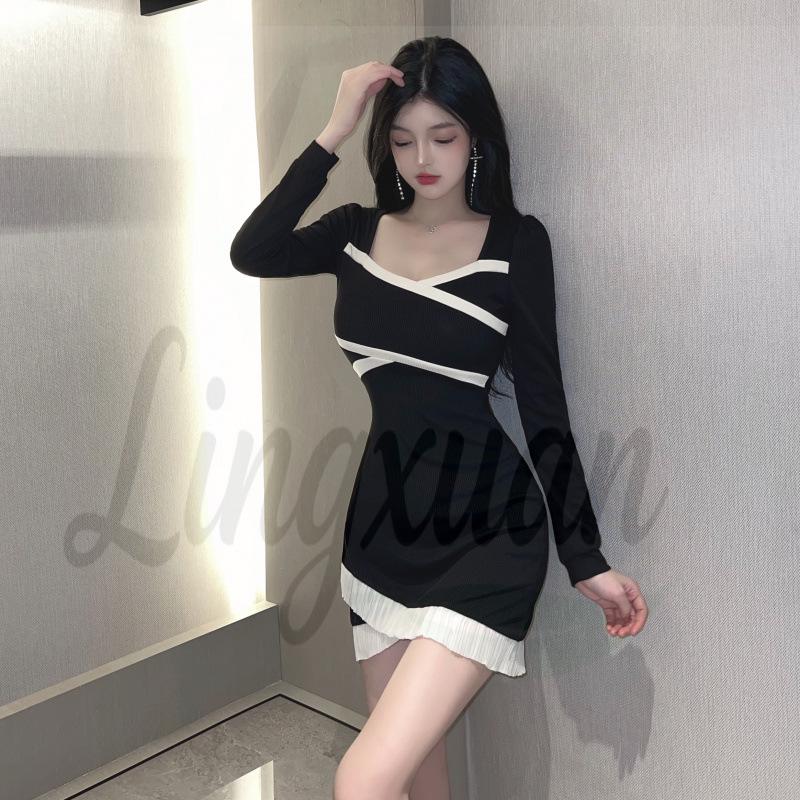Autumn/Winter Sexy Low-Cut Square Neck Color Block Long Sleeve Bodycon Dress S