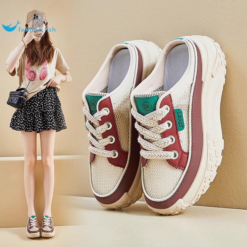2025 summer half-drag little white shoes new Korean version ins female students height-increasing breathable board shoes casual platform slippers