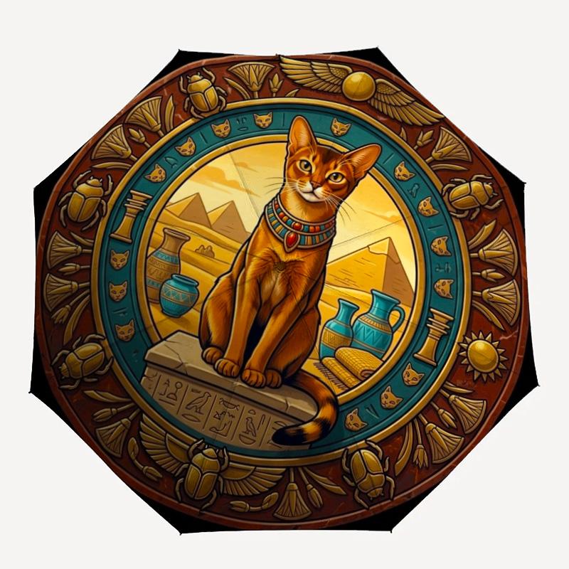 Egyptian Cat Art pattern umbrella, portable and foldable design, 8 ribs, a casual accessory for Halloween, Christmas, and birthday gifts.