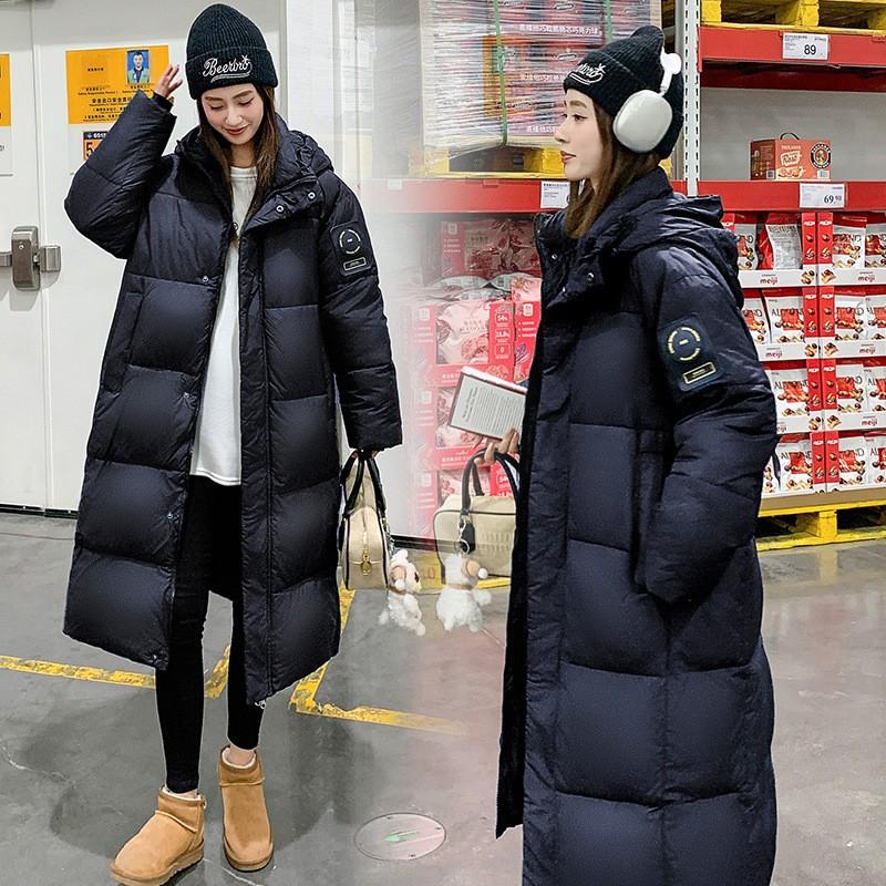 Black Gold Long Down Jacket for Women New Korean Style Winter Thickened Over-the-knee Loose Coat