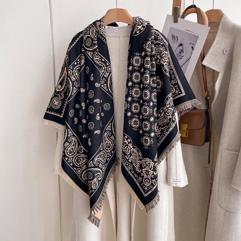 Retro Imitation Cashmere Winter Scarf Warmth Square Printed Shawl and Wrap Soft Double-sided Tassel Poncho